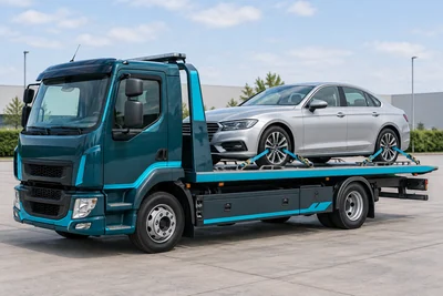 Иллюстрация эвакуатора с легковым автомобилем на платформе